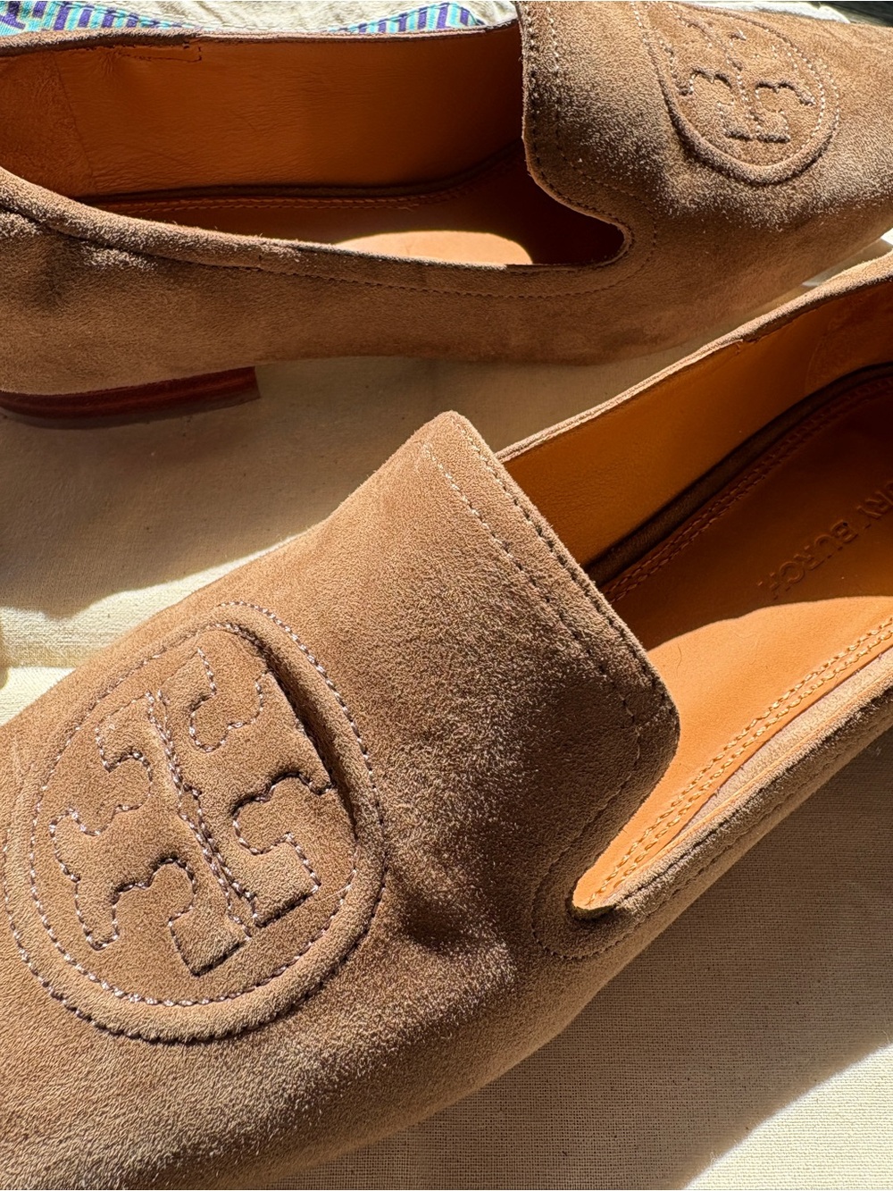 TORY BURCH LEIGH silk suede leather River rock tan ELASTIC LOAFER NWB